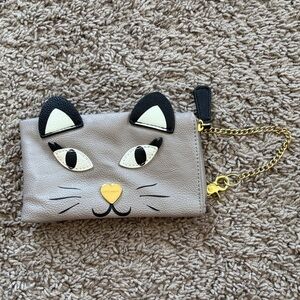 Betsey Johnson Gray Cat Face Leather Wristlet with Gold Chain